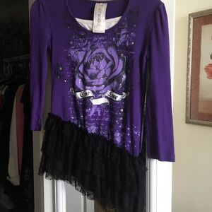 Gymnastics Dance Workout Top by KnitWorks Girl Lg Lined Purple Design Black Lace